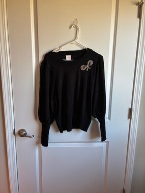 Zac & Rachel Black Knit Sweater with Embellished Bow Accent